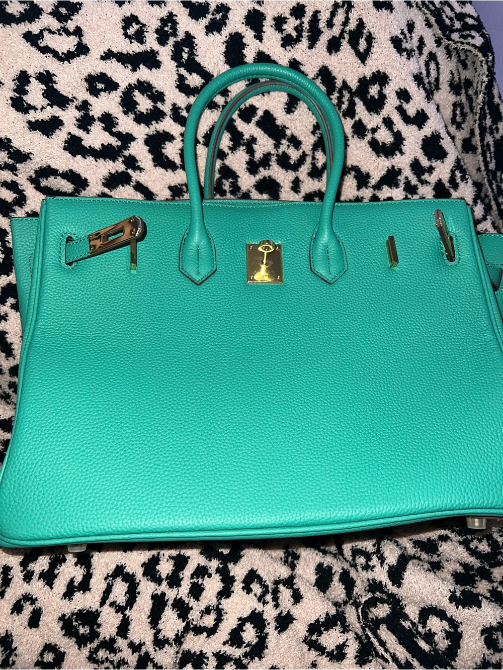 Sea Green Leather Structured Tote Bag with Gold Hardware